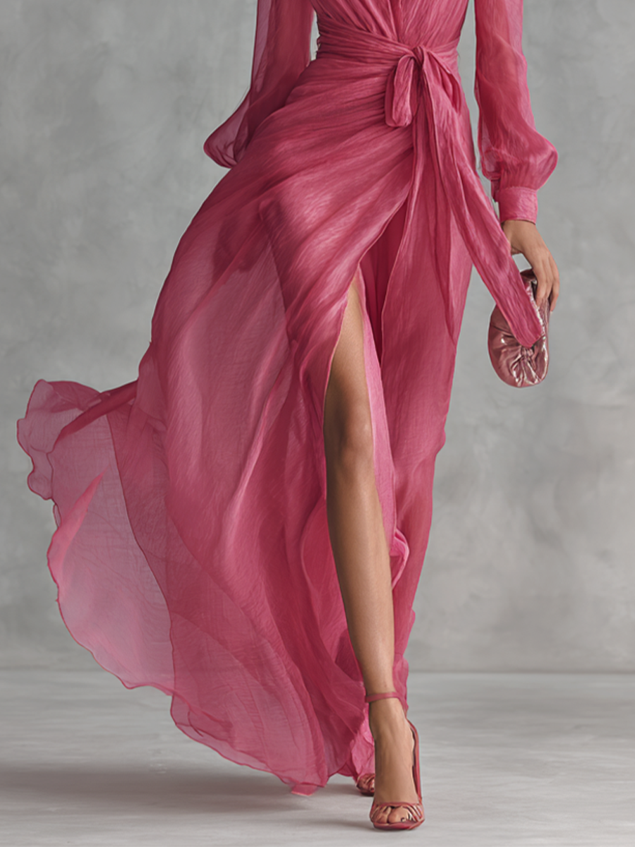 Abito Lungo Elegante Donna in Chiffon Rosa Cipria con Perle