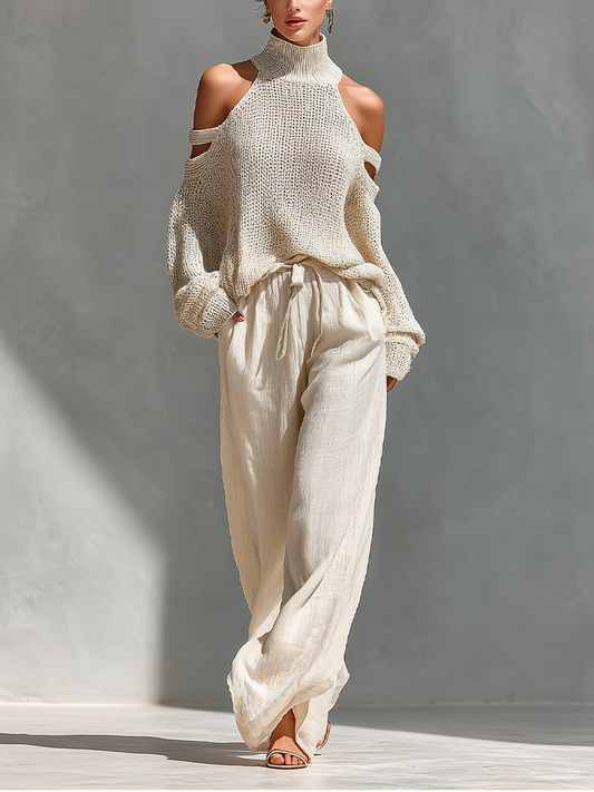 Completo Top Collo Alto Spalle Scoperte in Maglia Beige & Pantaloni Gamba Larga