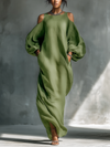 Abito maxi donna verde chiaro con spalle scoperte e maniche voluminose