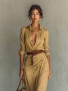 Abito Maxi Lungo con Colletto Rovesciato e Maniche Lunghe Donna