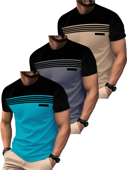 3 pezzi Magliette a Manica Corta a Righe da Uomo - Design a Colore Unito e a Righe in,,,, Grigio, Turchese | T-shirt Estive Casual con Collo Rotondo e Maniche a Righe Verticali | Lavabile in Lavatrice, Abbigliamento Casual Versatile per Spiaggia, Ufficio,