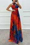 Elaine - Abito lungo con scollo a halter e stampa floreale in tulle