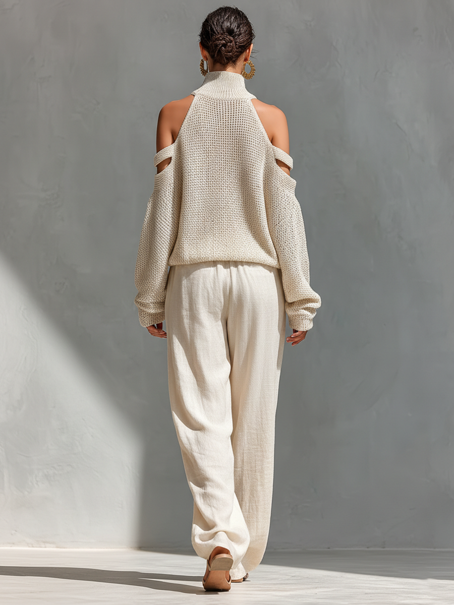 Completo Top Collo Alto Spalle Scoperte in Maglia Beige & Pantaloni Gamba Larga