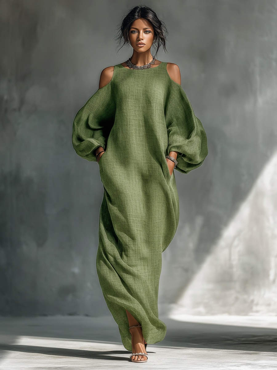Abito maxi donna verde chiaro con spalle scoperte e maniche voluminose