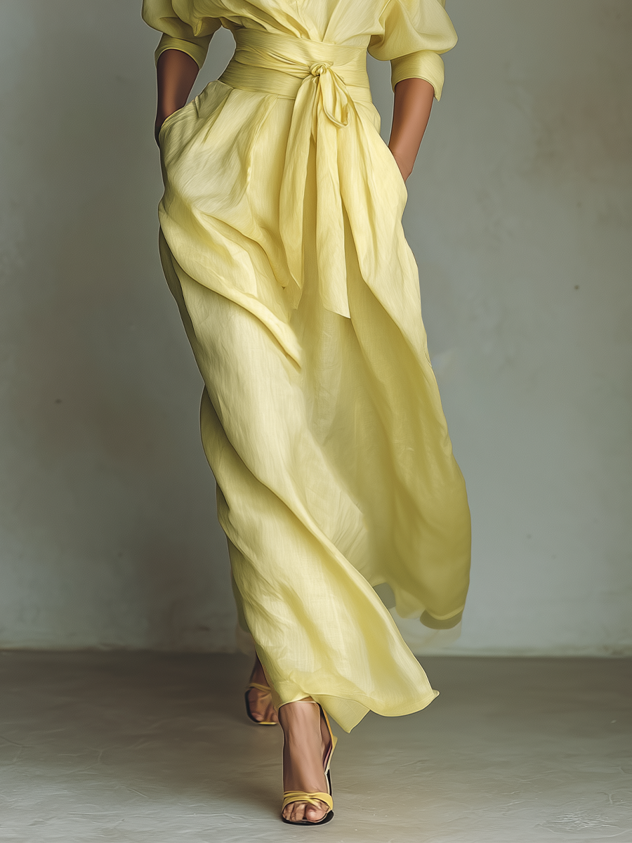 Abito Camicia Maxi Donna Giallo Limone Cotone Lino Cintura Annodabile