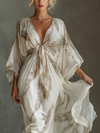 Abito Maxi in Chiffon Avorio e Taupe Maniche Dolman Fronte Arricciato
