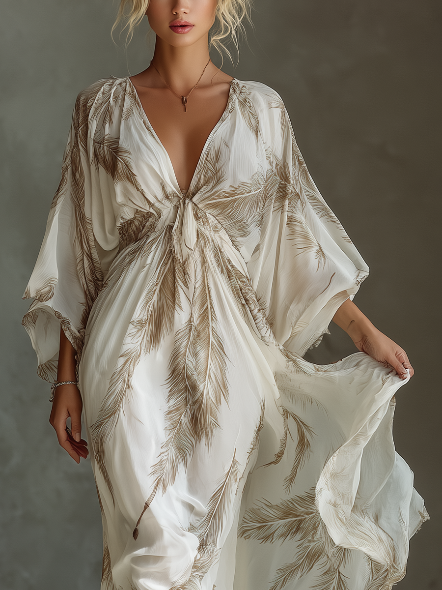 Abito Maxi in Chiffon Avorio e Taupe Maniche Dolman Fronte Arricciato