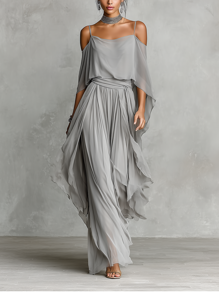 Completo Chiffon Grigio Donna Spalle Nude e Silhouette Svasata