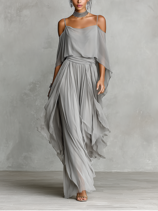 Completo Chiffon Grigio Donna Spalle Nude e Silhouette Svasata