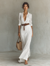 Abito Maxi Lungo con Colletto Rovesciato e Maniche Lunghe Donna