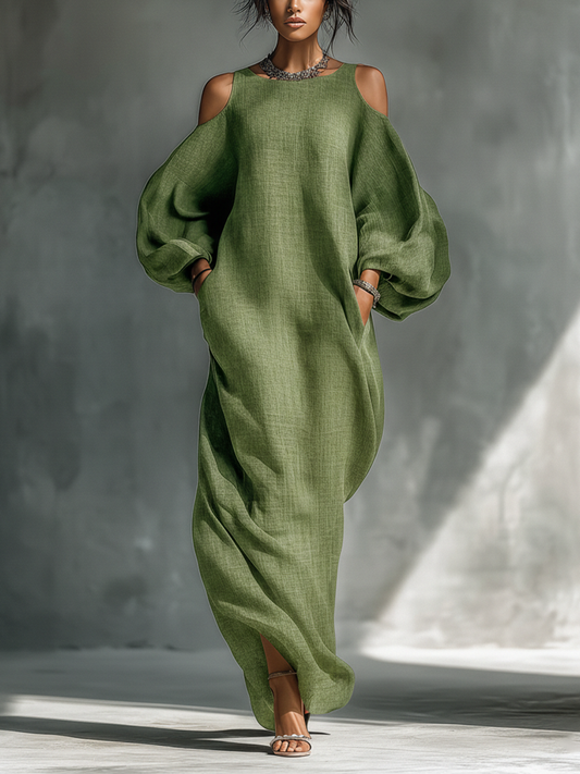 Abito maxi donna verde chiaro con spalle scoperte e maniche voluminose