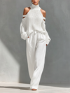 Completo Top Collo Alto Spalle Scoperte in Maglia Beige & Pantaloni Gamba Larga