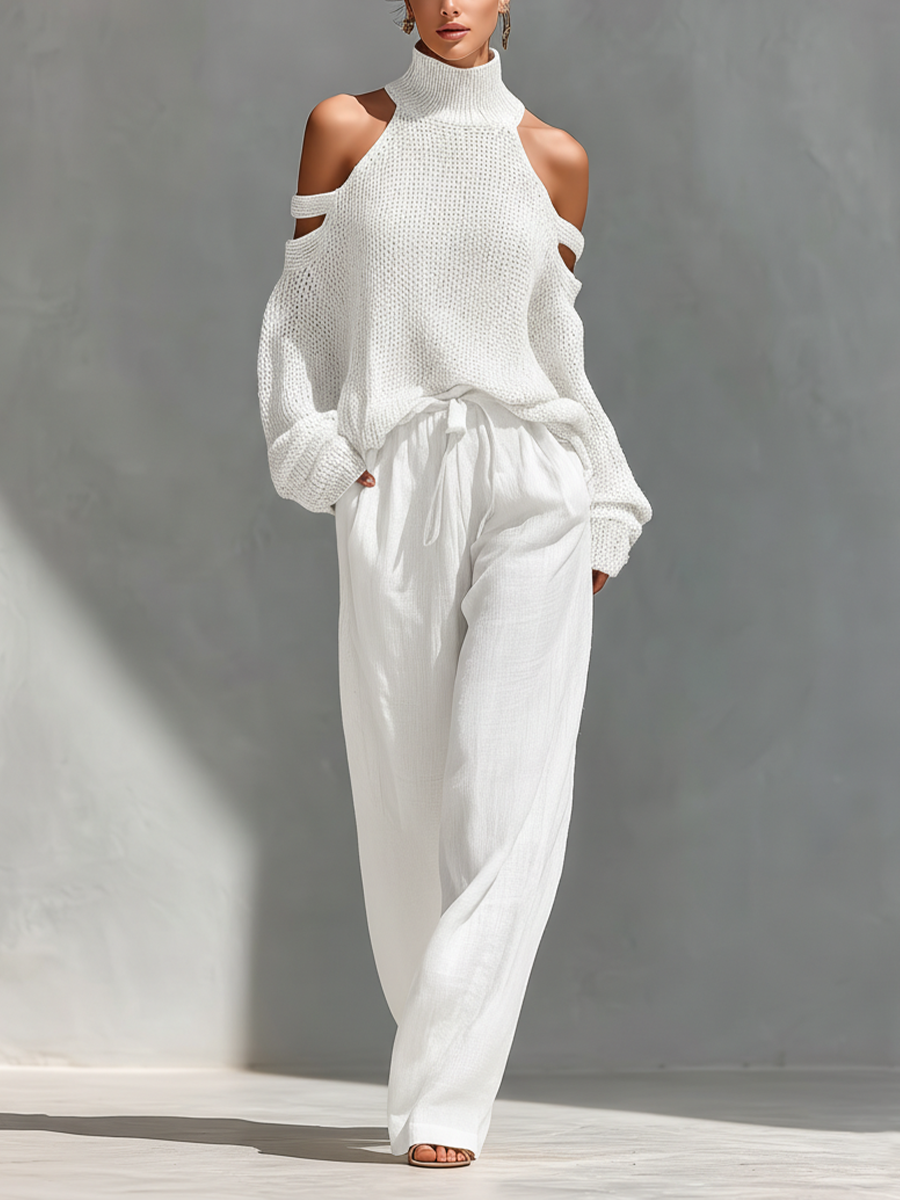 Completo Top Collo Alto Spalle Scoperte in Maglia Beige & Pantaloni Gamba Larga
