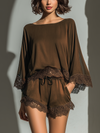 Completo Top & Shorts Scollo Barca in Raso Cioccolato con Dettagli in Pizzo