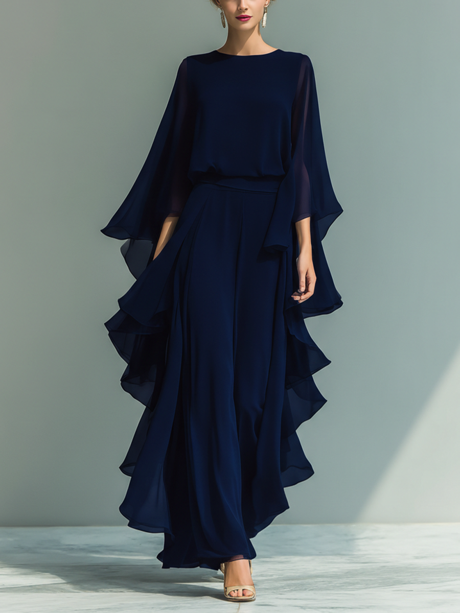 Completo Donna Top Chiffon Blu Navy Maniche Svasate e Pantalone Dritto Volant