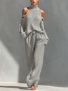 Completo Top Collo Alto Spalle Scoperte in Maglia Beige & Pantaloni Gamba Larga