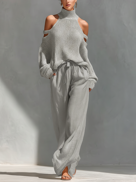 Completo Top Collo Alto Spalle Scoperte in Maglia Beige & Pantaloni Gamba Larga