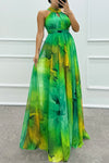 Elaine - Abito lungo con scollo a halter e stampa floreale in tulle