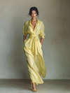 Abito Camicia Maxi Donna Giallo Limone Cotone Lino Cintura Annodabile
