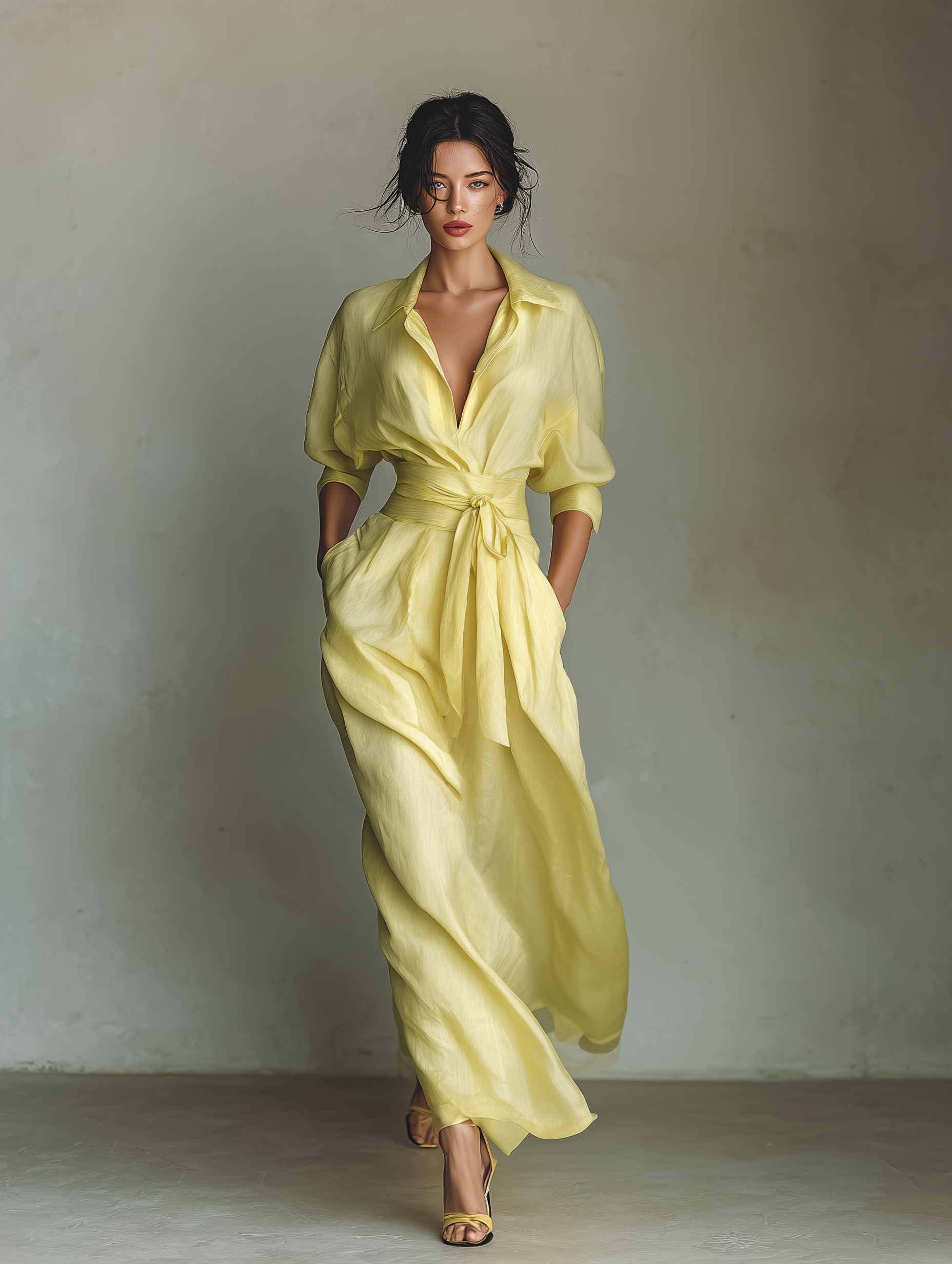 Abito Camicia Maxi Donna Giallo Limone Cotone Lino Cintura Annodabile
