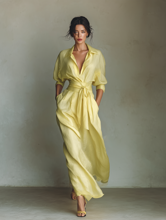 Abito Camicia Maxi Donna Giallo Limone Cotone Lino Cintura Annodabile