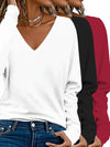 3-Pacchetto Magliette Donna V-Collo a Manica Lunga | Colore Unito, Stile Casual per Uso Quotidiano e Vacanze - Collezione Autunno/Inverno