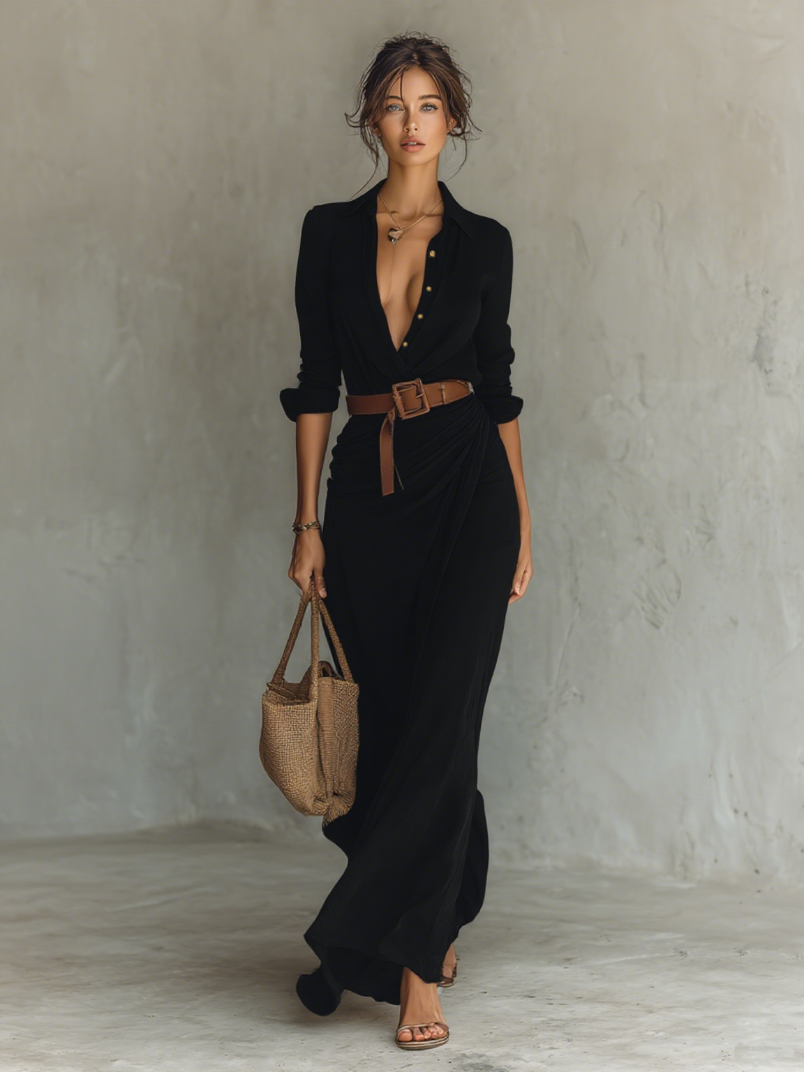 Abito Maxi Lungo con Colletto Rovesciato e Maniche Lunghe Donna