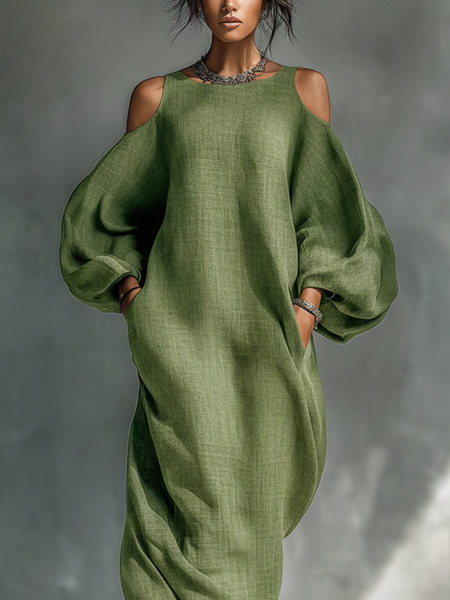 Abito maxi donna verde chiaro con spalle scoperte e maniche voluminose