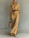 Abito Maxi Lungo con Colletto Rovesciato e Maniche Lunghe Donna
