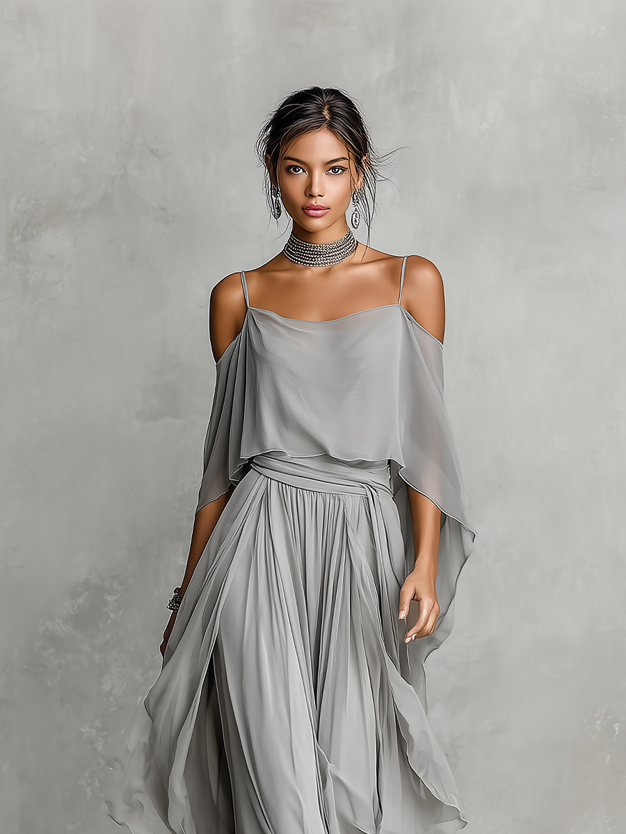 Completo Chiffon Grigio Donna Spalle Nude e Silhouette Svasata