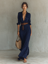 Abito Maxi Lungo con Colletto Rovesciato e Maniche Lunghe Donna