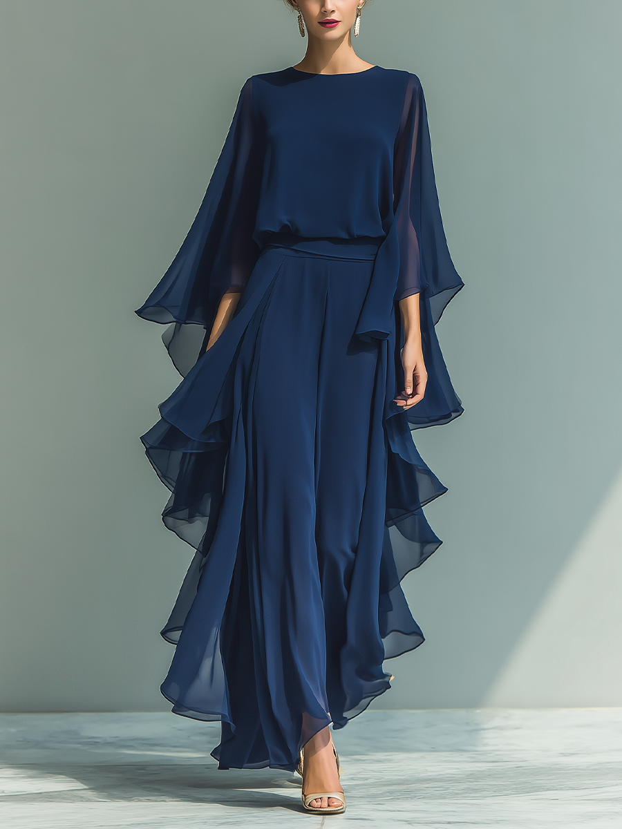 Completo Donna Top Chiffon Blu Navy Maniche Svasate e Pantalone Dritto Volant