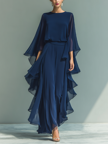 Completo Donna Top Chiffon Blu Navy Maniche Svasate e Pantalone Dritto Volant