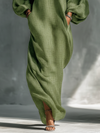 Abito maxi donna verde chiaro con spalle scoperte e maniche voluminose