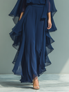 Completo Donna Top Chiffon Blu Navy Maniche Svasate e Pantalone Dritto Volant