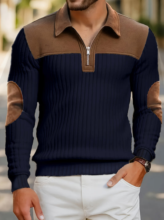Maglione Jacquard a Maniche Lunghe da Uomo per Autunno-Inverno | Elegante Collo Alto, Zip Frontale, Strisce a Blocchi di Colore, Tunica Casual per il Weekend, Spessa