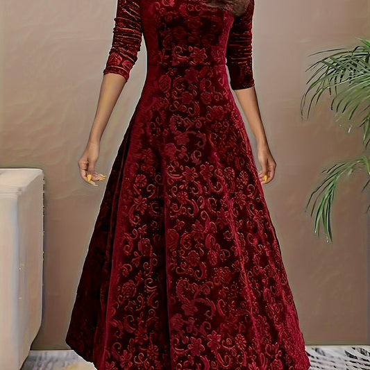 Isabella™ – Abito A-Line in Velluto con Motivo Floreale • Rosso Scuro