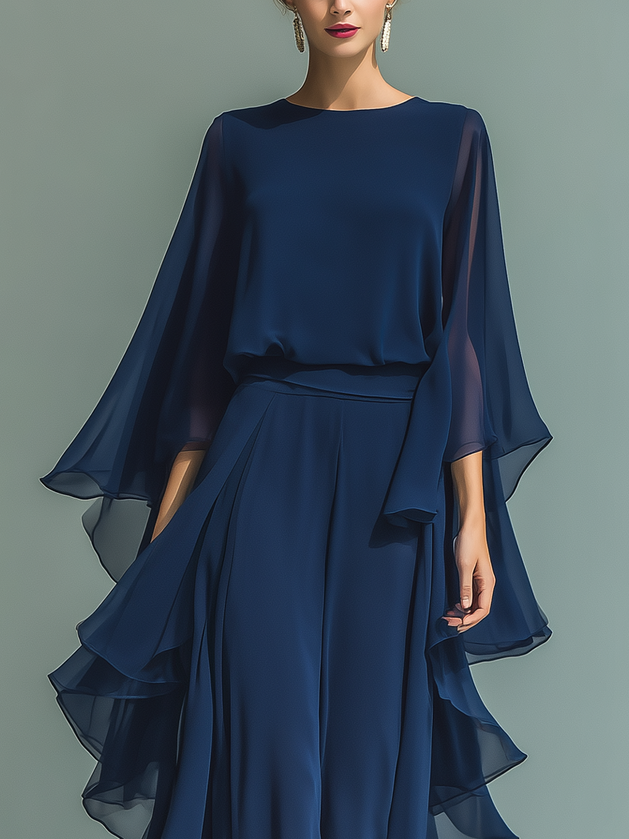 Completo Donna Top Chiffon Blu Navy Maniche Svasate e Pantalone Dritto Volant