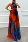 Elaine - Abito lungo con scollo a halter e stampa floreale in tulle