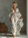 Abito Maxi in Chiffon Avorio e Taupe Maniche Dolman Fronte Arricciato
