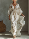 Abito Maxi in Chiffon Avorio e Taupe Maniche Dolman Fronte Arricciato