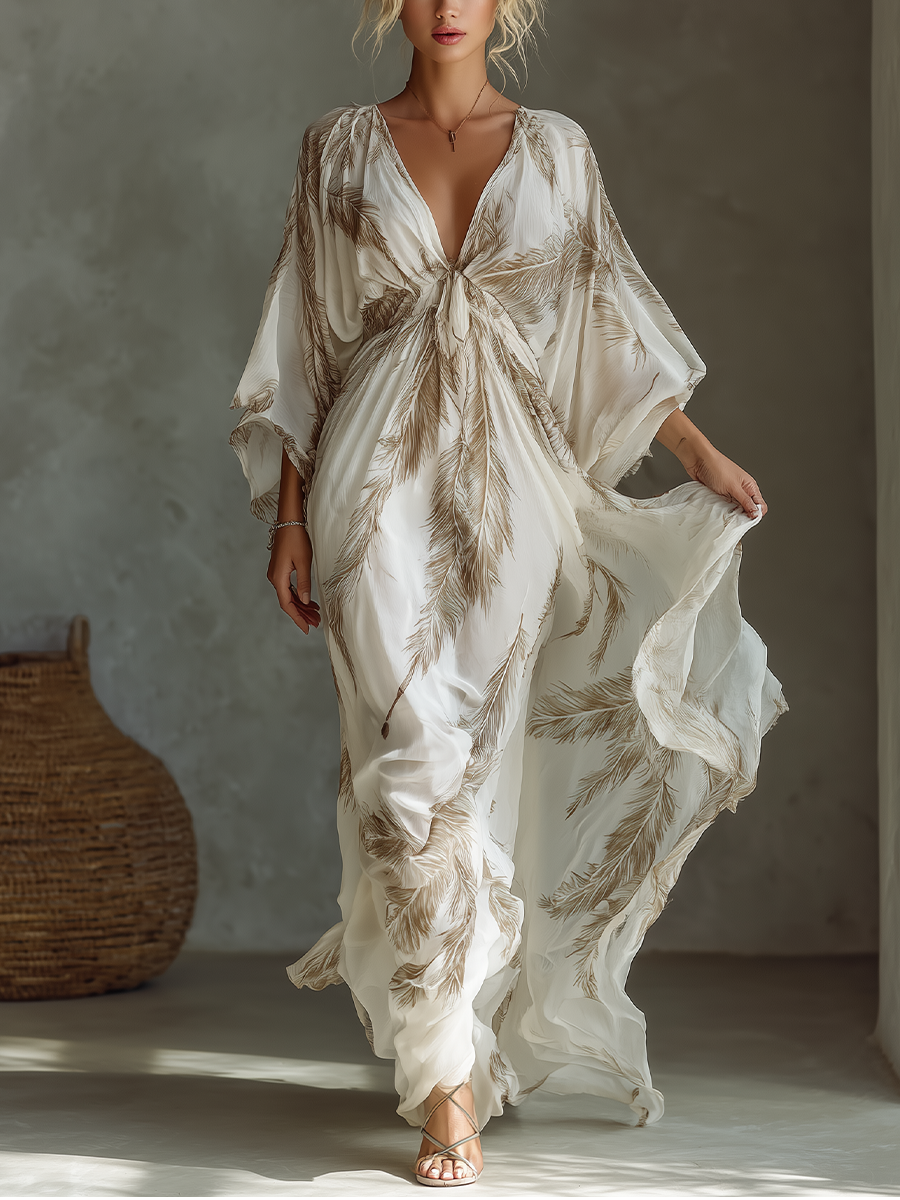 Abito Maxi in Chiffon Avorio e Taupe Maniche Dolman Fronte Arricciato
