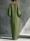 Abito maxi donna verde chiaro con spalle scoperte e maniche voluminose