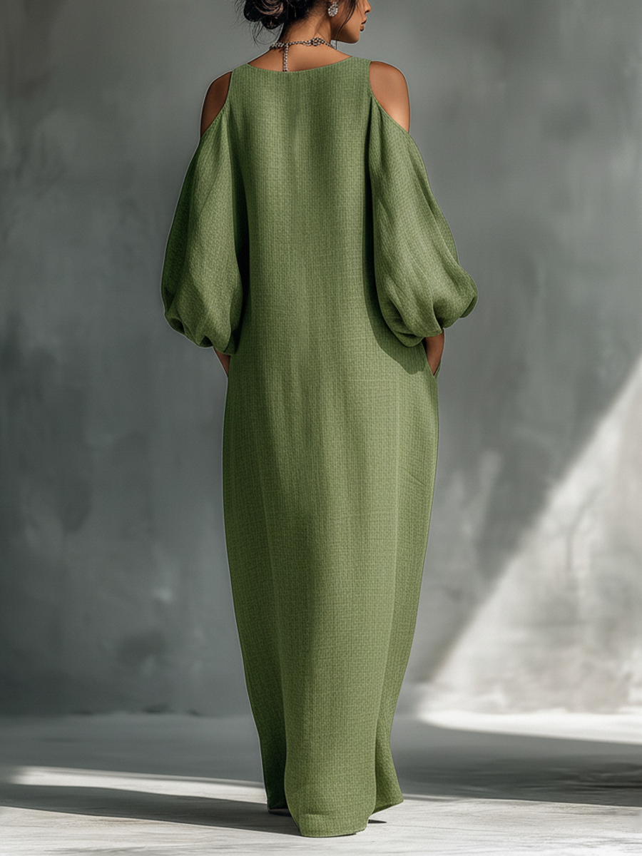 Abito maxi donna verde chiaro con spalle scoperte e maniche voluminose