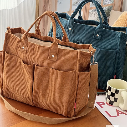 Borsa Tote in Velluto a Coste con Tasche
