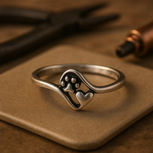 Anello vintage in argento con zampa e cuore