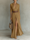 Abito Maxi Collo Rovesciato Maniche Lunghe