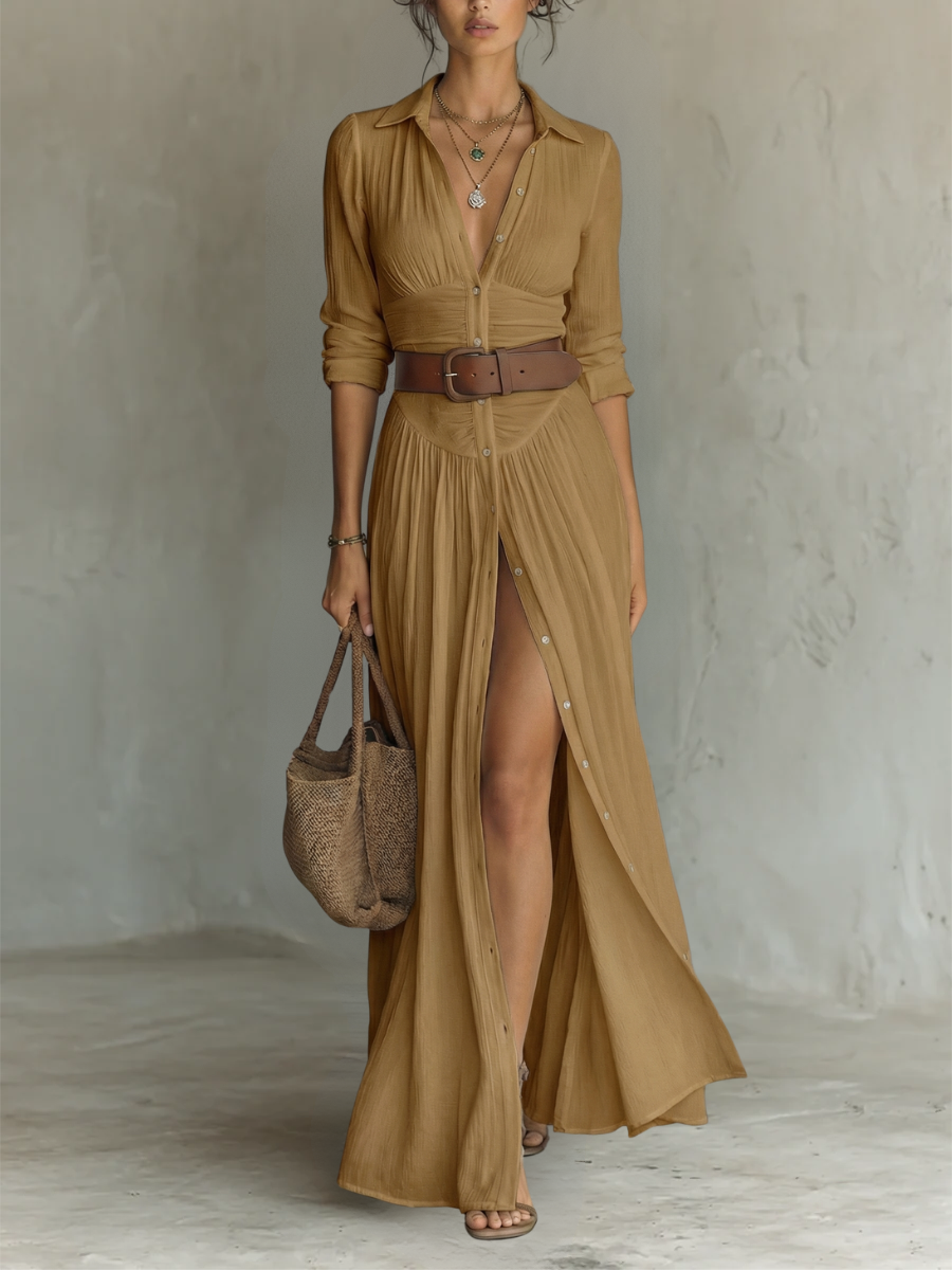 Abito Maxi Collo Rovesciato Maniche Lunghe