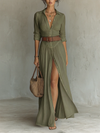 Abito Maxi Collo Rovesciato Maniche Lunghe