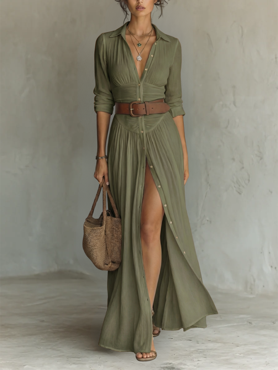 Abito Maxi Collo Rovesciato Maniche Lunghe